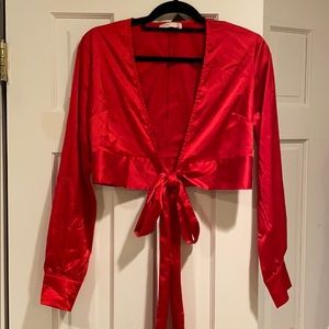 Red Satin Tie Blouse